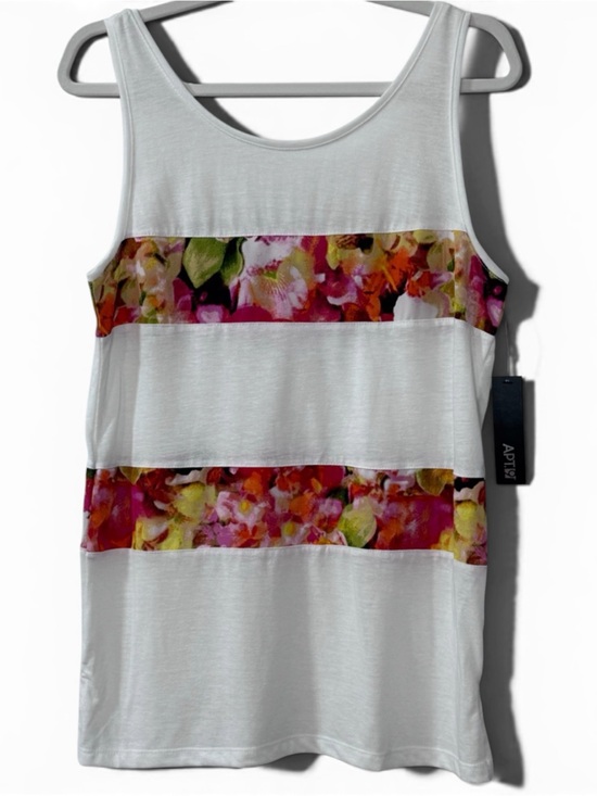 Apt. 9 Tops - Apt. 9 Panel Linen Blend Tank with Floral Stripe Bands & Back Keyhole - Size S